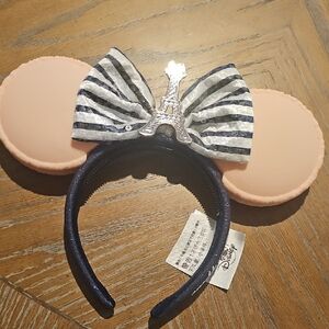 Disney Pink Macaron Ears with Striped Sequence Bow and Silver Eiffel Tower Charm